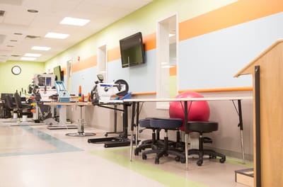 Physical therapy equipment in a bright therapy room