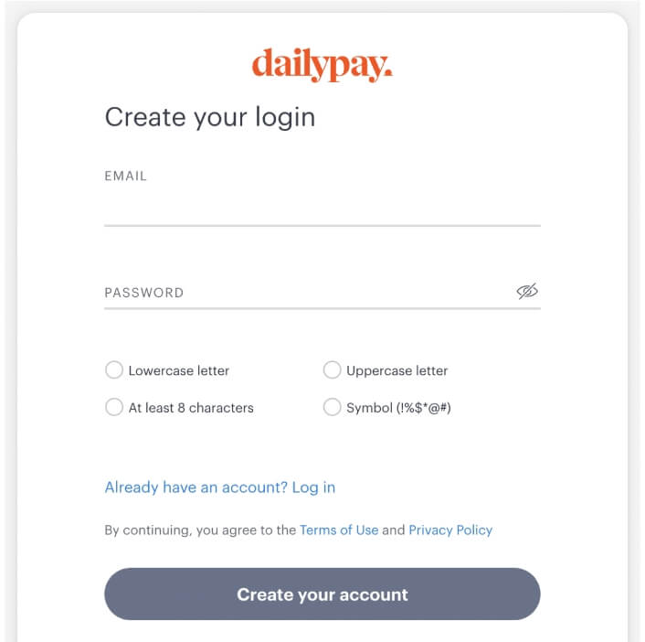 Login page for DailyPay platform