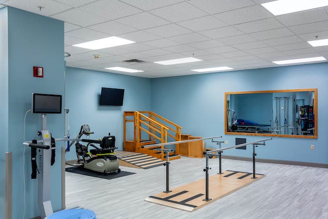 Interior rehabilitation gym with exercise equipment