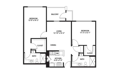 Architectural floor plan of a two-bedroom apartment