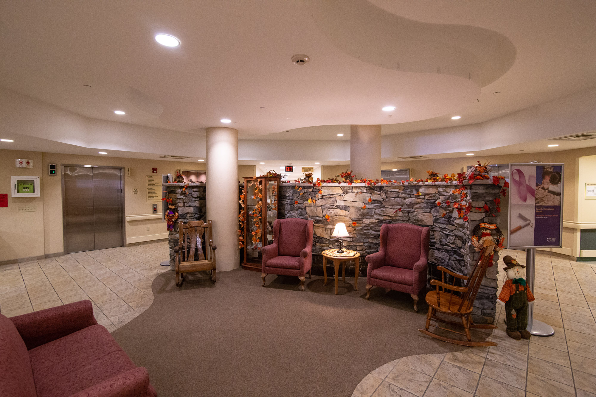 Cozy common area with seasonal decorations and seating