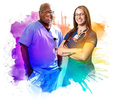 Two staff members posing in colorful graphic background