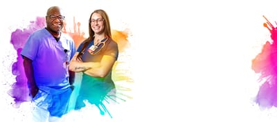 Two healthcare staff members posing with colorful background