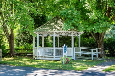 A gazebo surrounded by trees in a tranquil outdoor setting