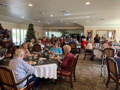 Residents enjoying a meal in the dining area during a festive event