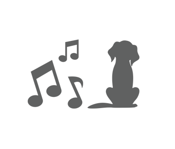 A decorative graphic of a dog with music notes