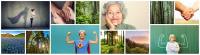 Collage of nature, elderly activities, and diverse emotions