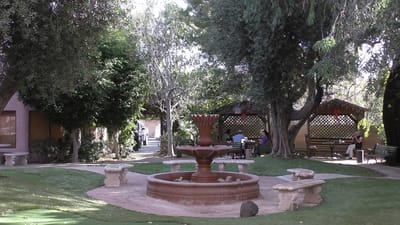 A serene garden area with seating and a fountain