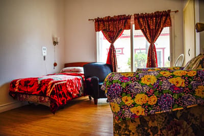 Cozy interior view of a resident room with floral decorations