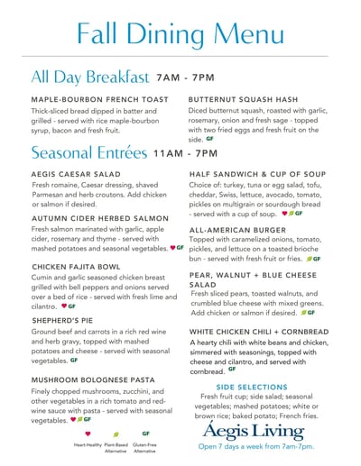 Dining menu featuring seasonal entrees and selections