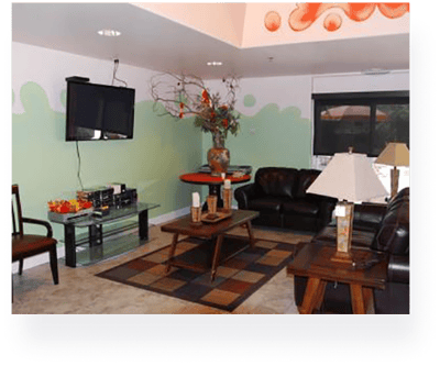 Interior view of a common area with seating and decor