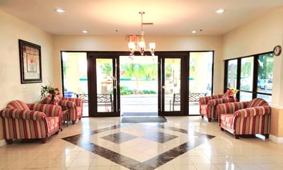 Bright interior view of a lobby with seating area