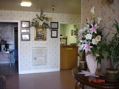 Welcoming interior with floral decorations and wall art