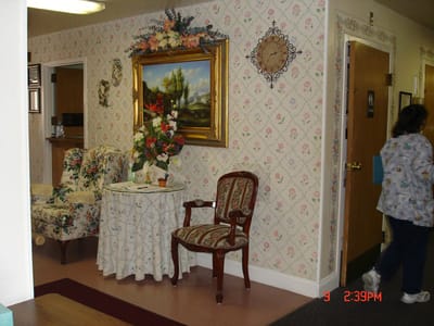 Interior common area with floral decor and furniture