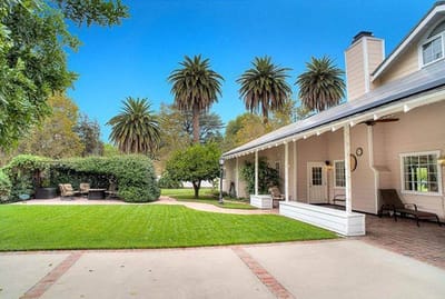 Outdoor view of a landscaped area with palm trees