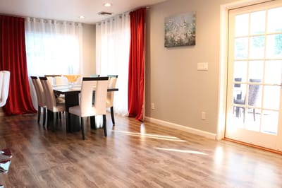 Brightly lit dining area with elegant decor