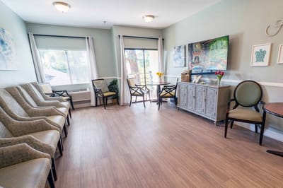 Bright common area with seating and decorations