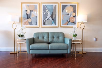 Stylish lobby area with seating and art