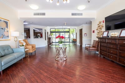Bright and welcoming lobby area with seating and decor