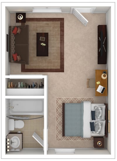 Floor plan of a private resident room with living area