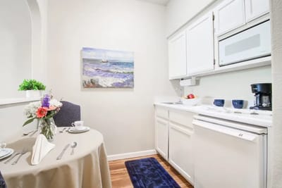 Cozy kitchen area with dining table and view