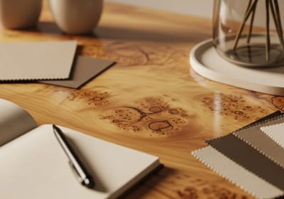 Close-up of a wooden table with stationary items