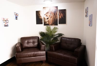 Cozy sitting area with lion artwork and two couches