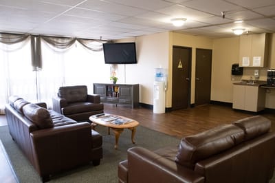 Bright and welcoming common area with seating