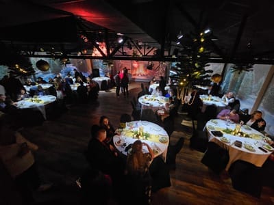 Residents dining and celebrating in a festive setting