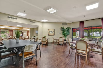 Interior view of a dining area with seating