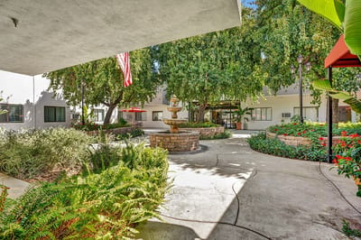 Garden area with fountain and walking paths