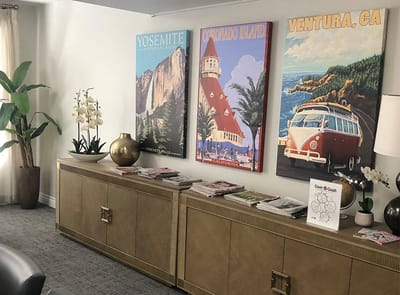 Bright common area with decorative art and seating