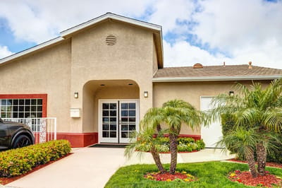 Exterior view of a senior care facility entrance