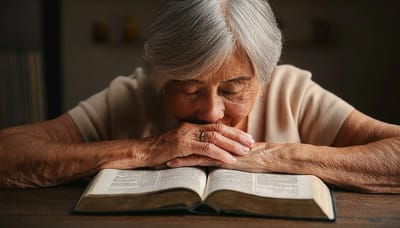 An elderly woman reading a book with her head resting on the table