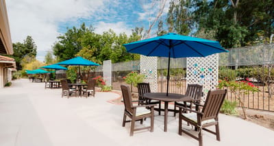 Outdoor seating area with blue umbrellas and landscaping