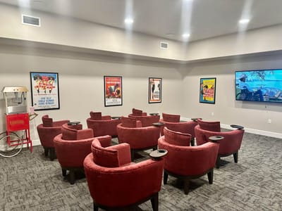 A cozy movie room with red chairs and movie posters