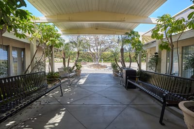 Covered outdoor space with benches and plants