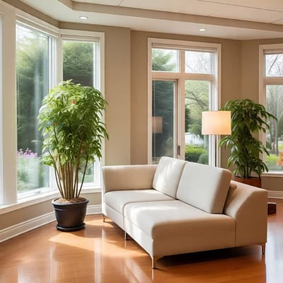 Bright interior lounge area with a couch and plants