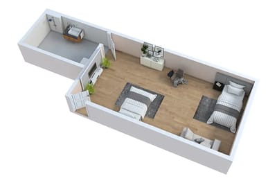 Aerial view of a two-bed room layout