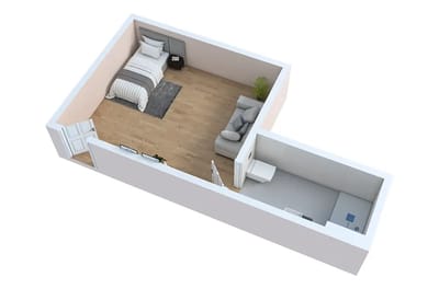 Interior view of a private resident room layout
