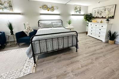 Modern resident room with bed and furnishings