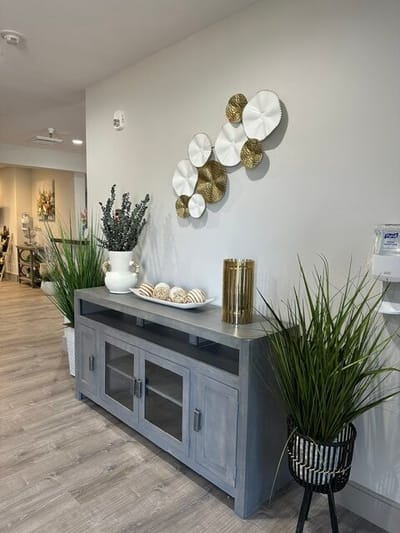 Interior lobby with decorative elements and plants
