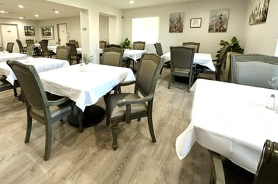 Interior view of a dining room with tables