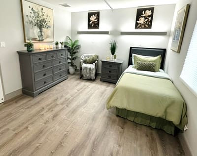 Cozy bedroom setup in a senior living facility