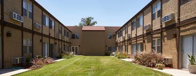 Outdoor courtyard between residential buildings