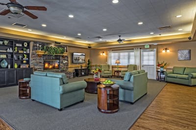 Cozy common area with seating and a fireplace