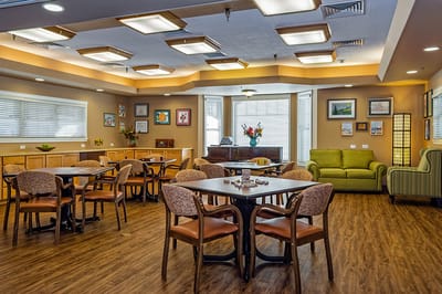 Interior view of a communal living area with seating