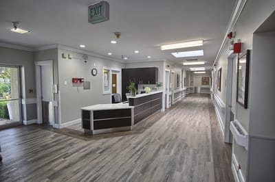 Bright and welcoming reception area with a desk and hallway