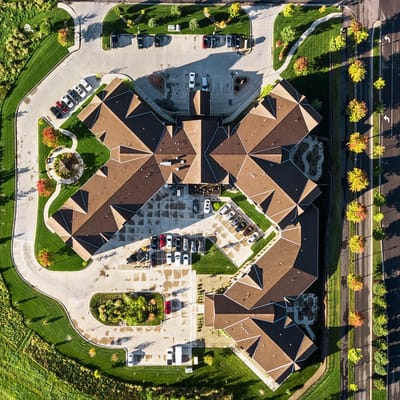 Aerial view of an assisted living facility campus
