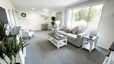 Bright, welcoming common area with seating and plants